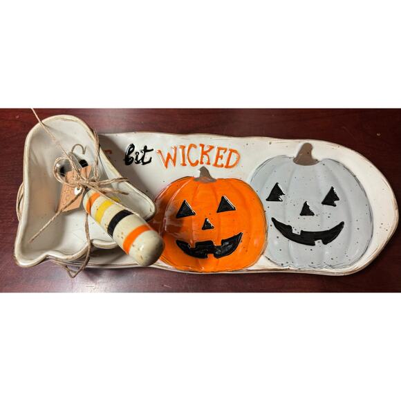 NIB Mud Pie Halloween Dip and Tray Set "A Wee Bit Wicked Pumpkins & Ghost - Picture 2 of 10